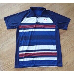 Puma Men's Polo Logo Golf Shirt Sz Medium Cool Dry Red White and Blue Stripe